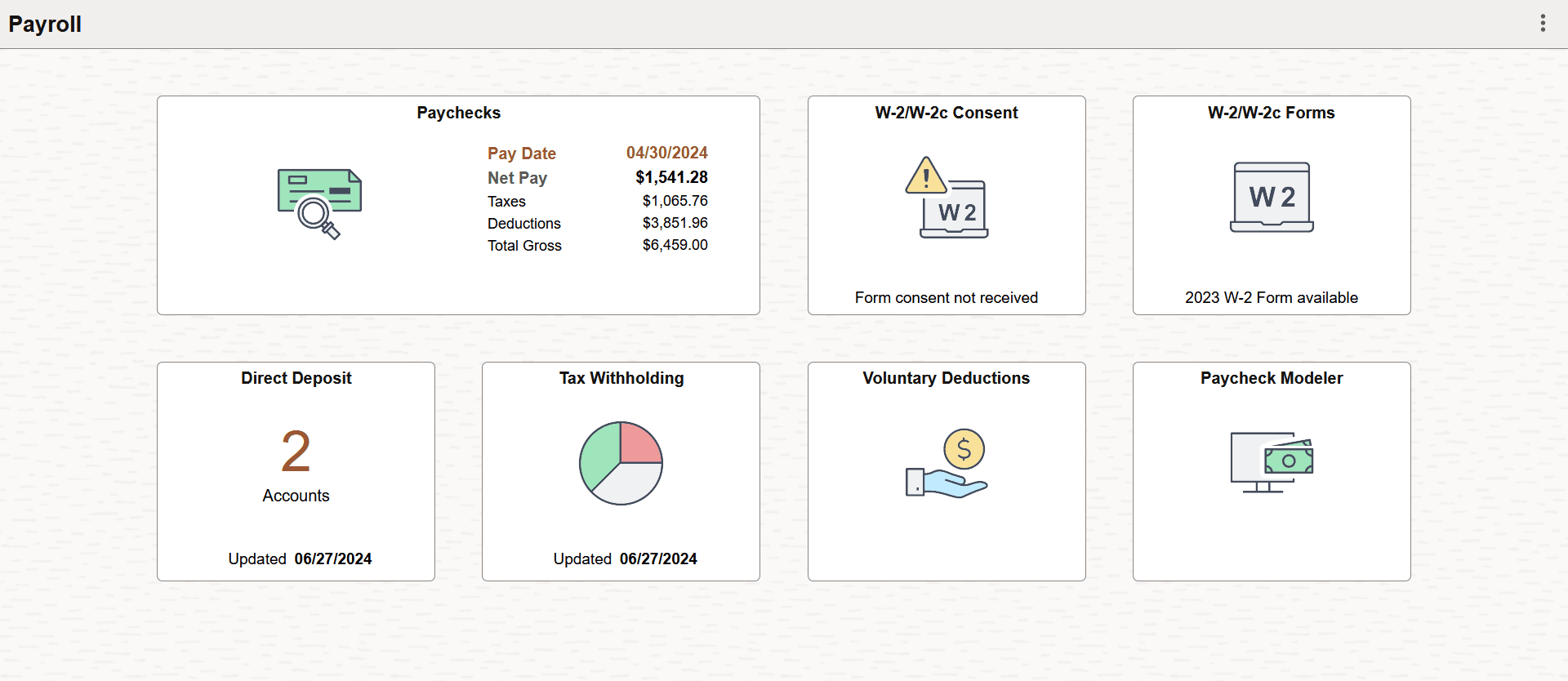 Additional self-service transactions accessible from the Payroll tile