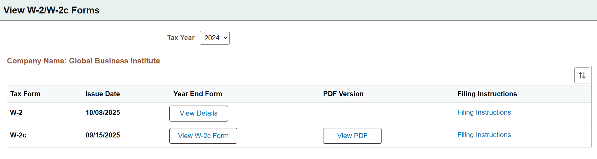View W-2/W-2c Forms page in screen reader mode