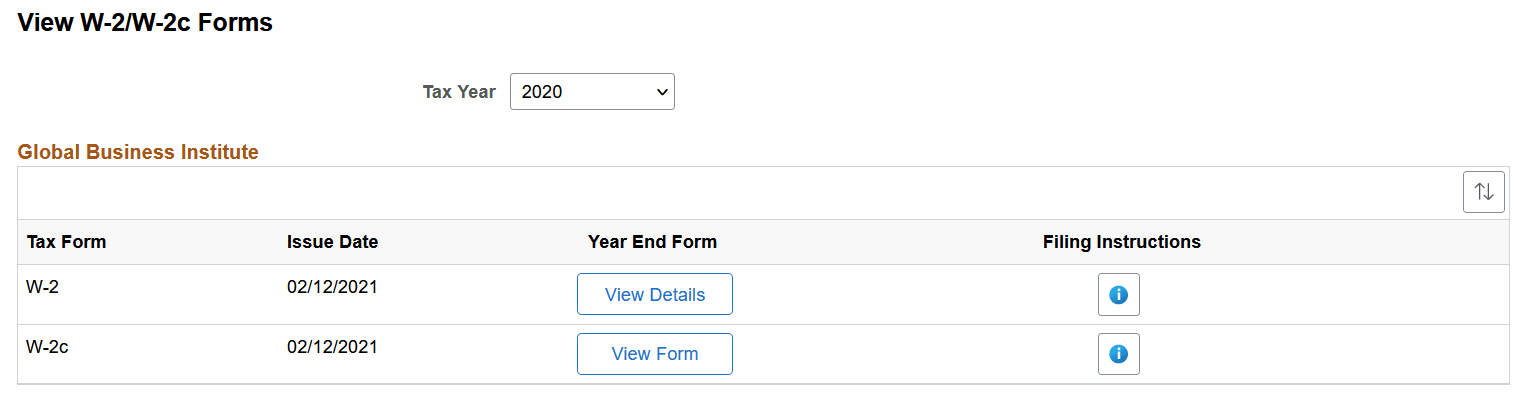 View W-2/W-2c Forms page
