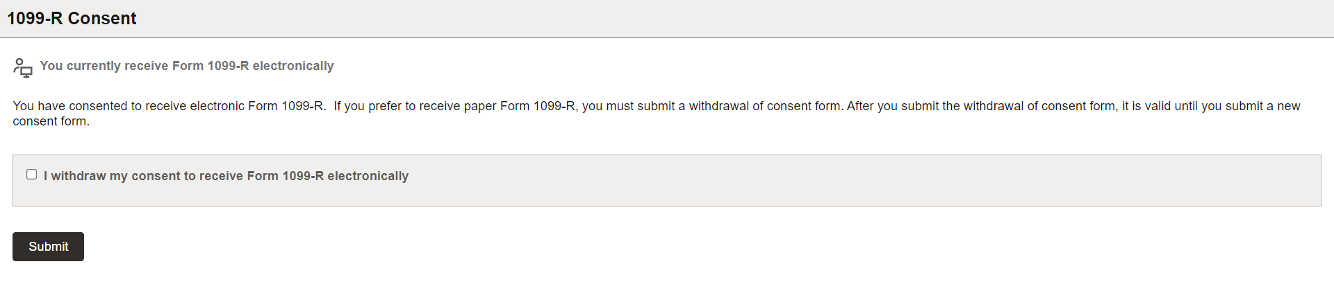 1099-R Consent page (currently receiving electronic form)