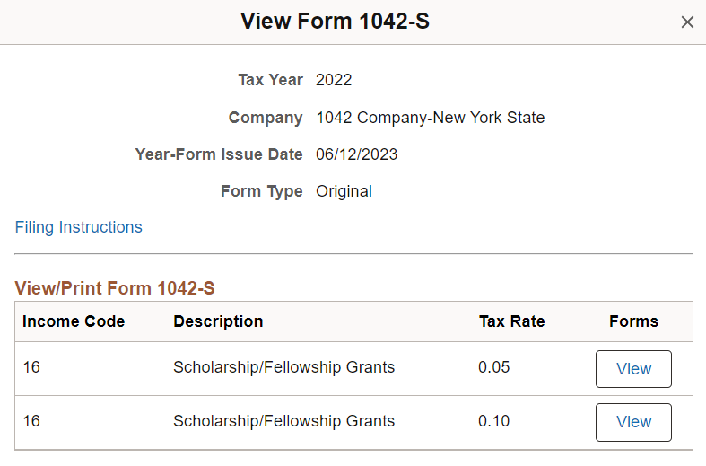 View Form 1042-S modal page