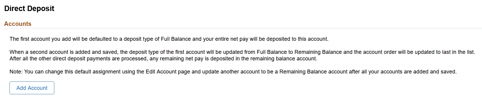 Direct Deposit page for employees adding the first account