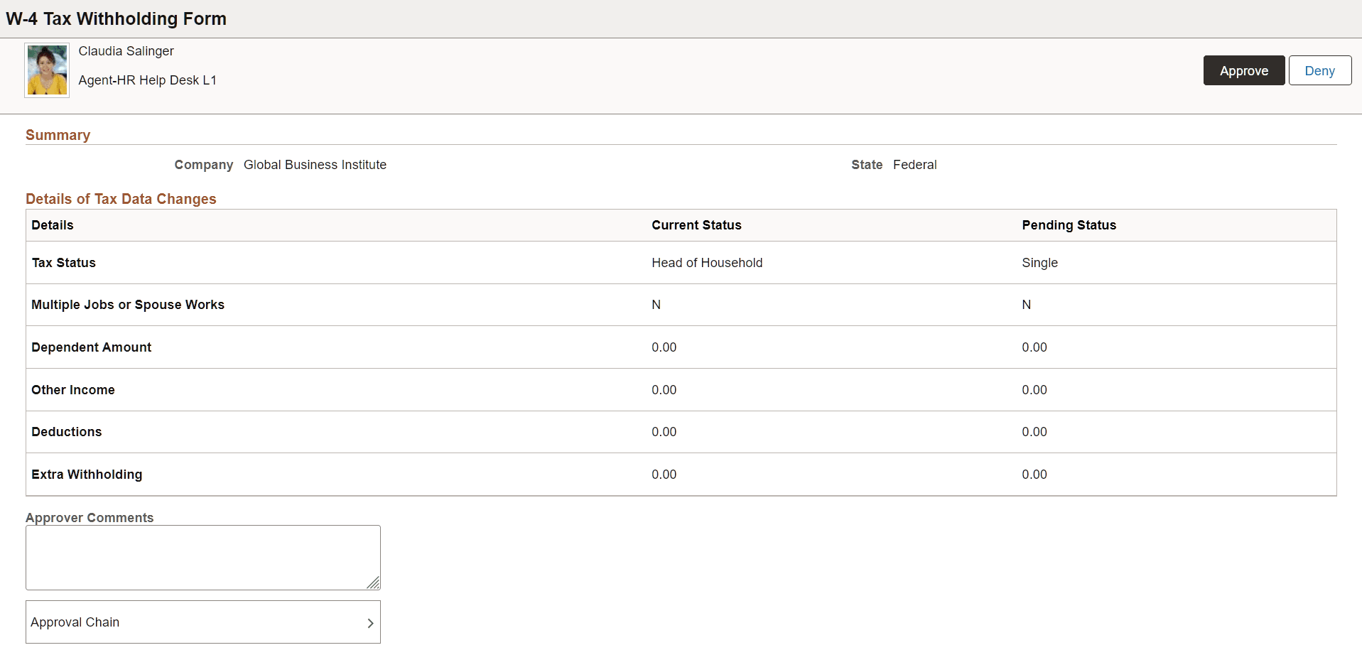 Pending Approvals - W-4 Tax Withholding Form page
