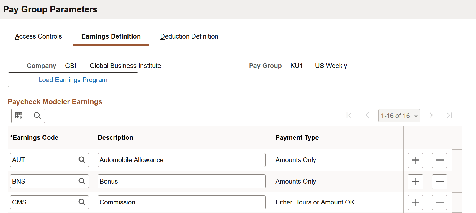 Pay Group Parameters - Earnings Definition page