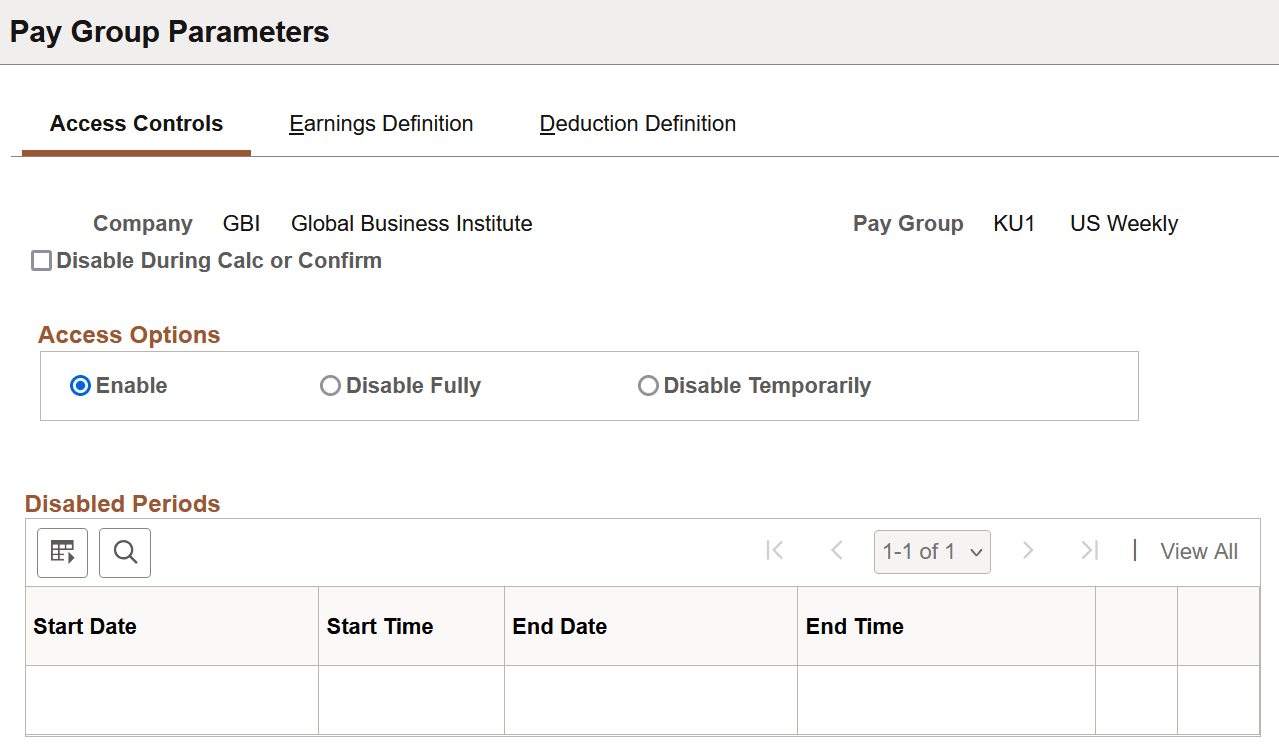 Pay Group Parameters - Access Controls page