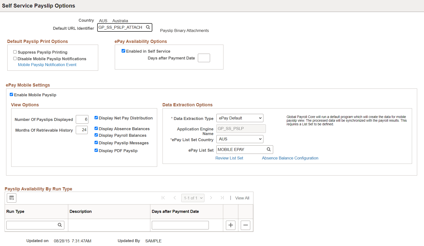 Self Service Payslip Options page