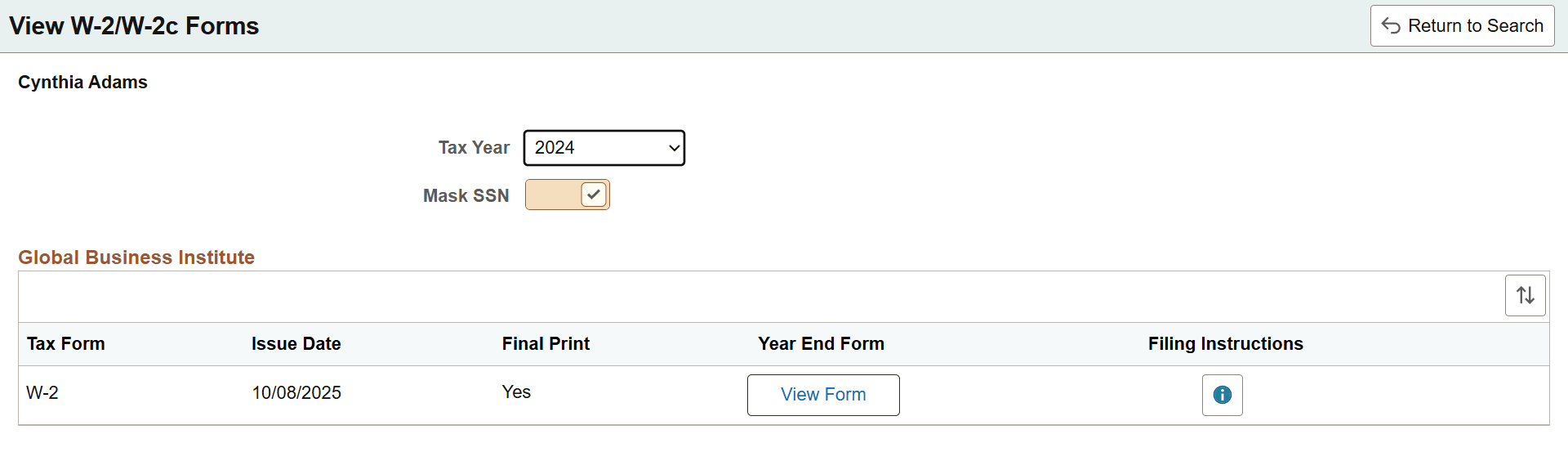 Example of the Fluid View W-2/W-2c Forms page for administrators
