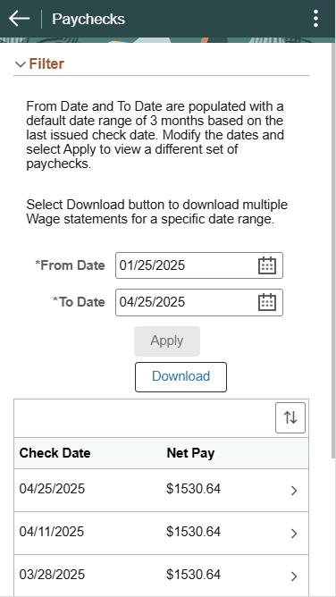 (Smartphone) Paychecks page