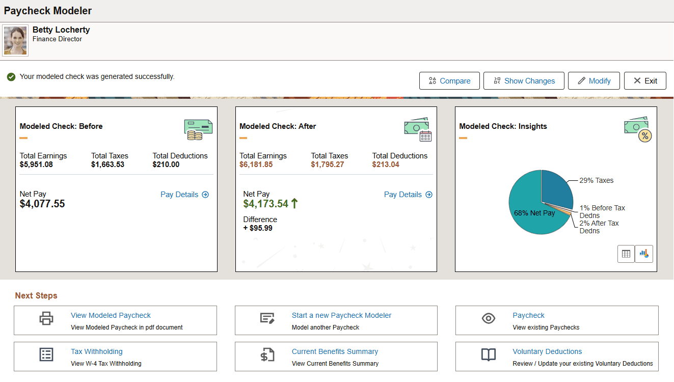 Paycheck Modeler - Modeled Result page