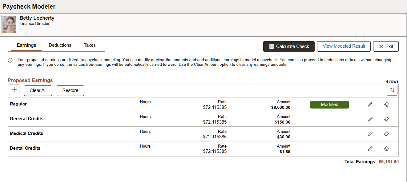 Paycheck Modeler - Earnings page