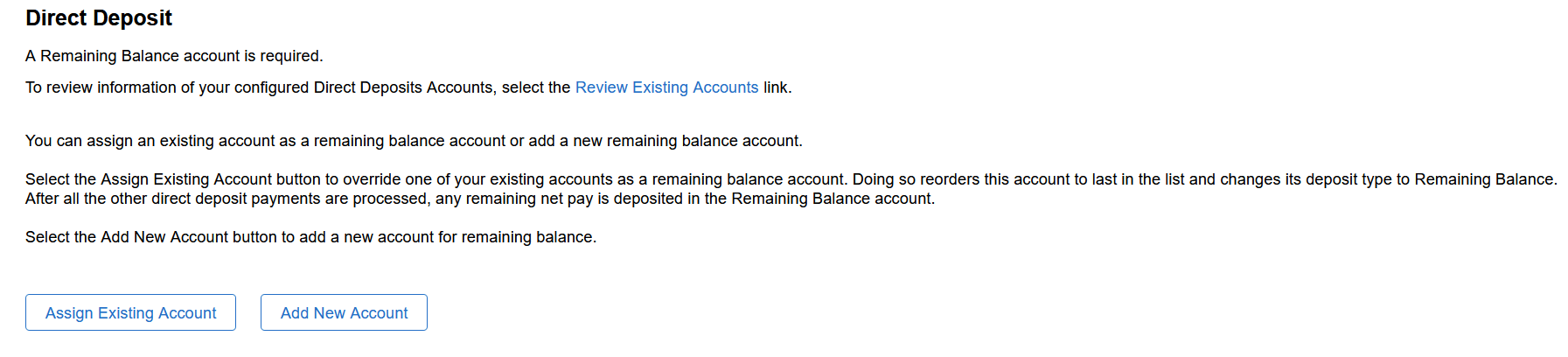 Direct Deposit page (Remaining Balance account required)