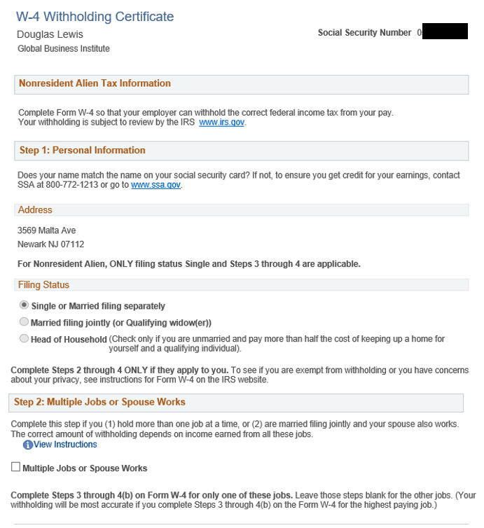 W-4 Withholding Certificate page (1 of 2)