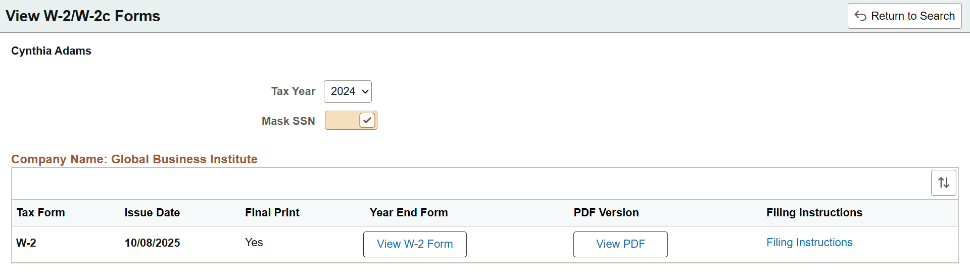 Example of the Fluid View W-2/W-2c Forms page for administrators in screen reader mode)