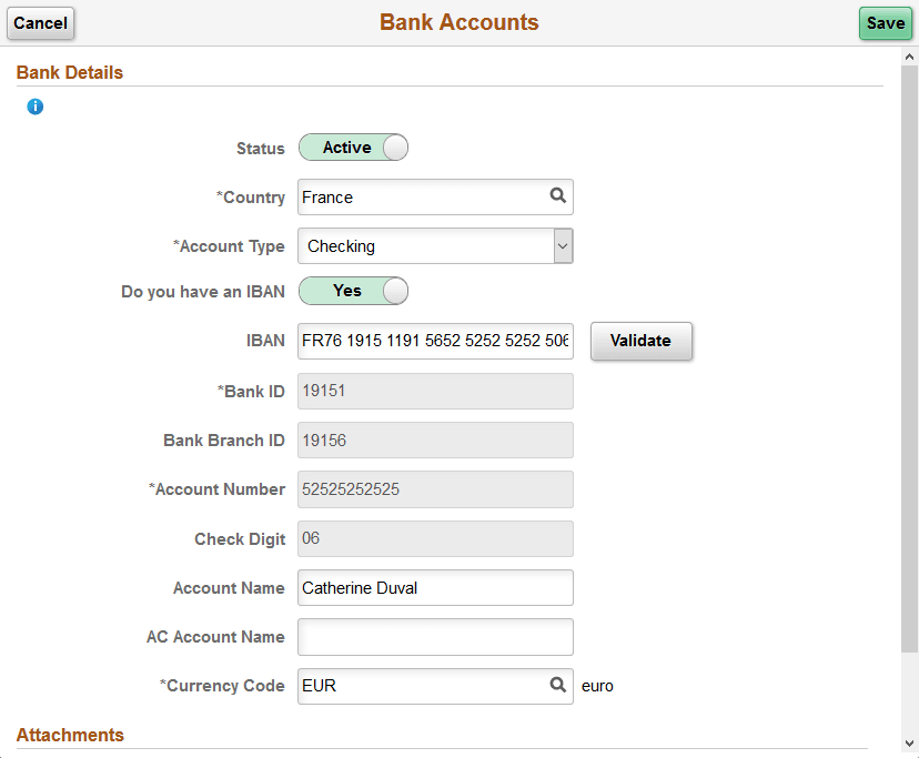 Example of the Bank Account page for an employee with an IBAN