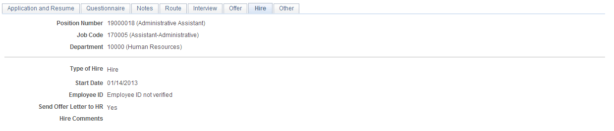 Manage Application page: Hire tab