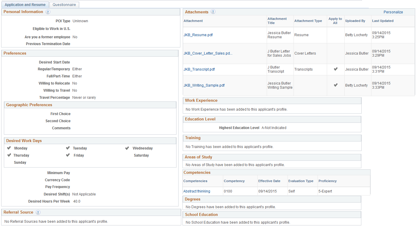 Manage Application page: Application and Resume tab