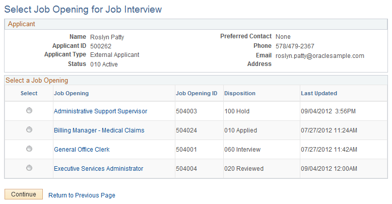 Select Job Opening for Interview page