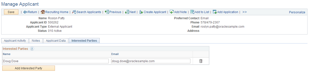Manage Applicant page: Interested Parties tab