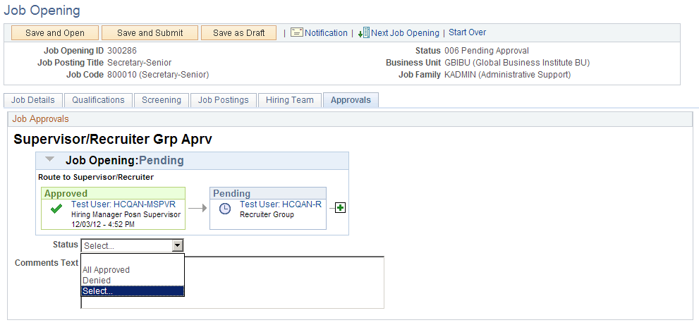 Job Opening page: Approvals tab (administrator view)
