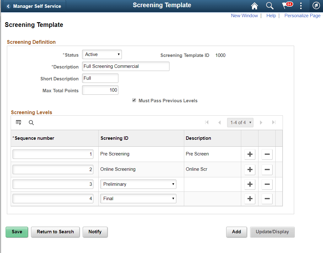 Screening Template page