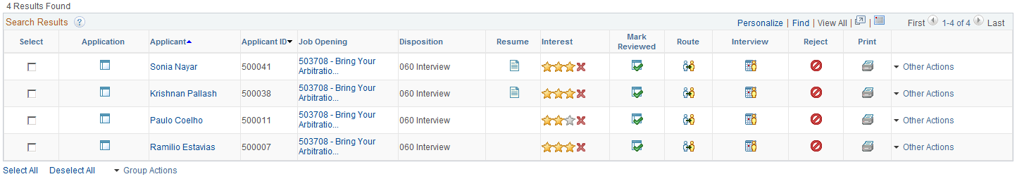 Search Applications page: search results