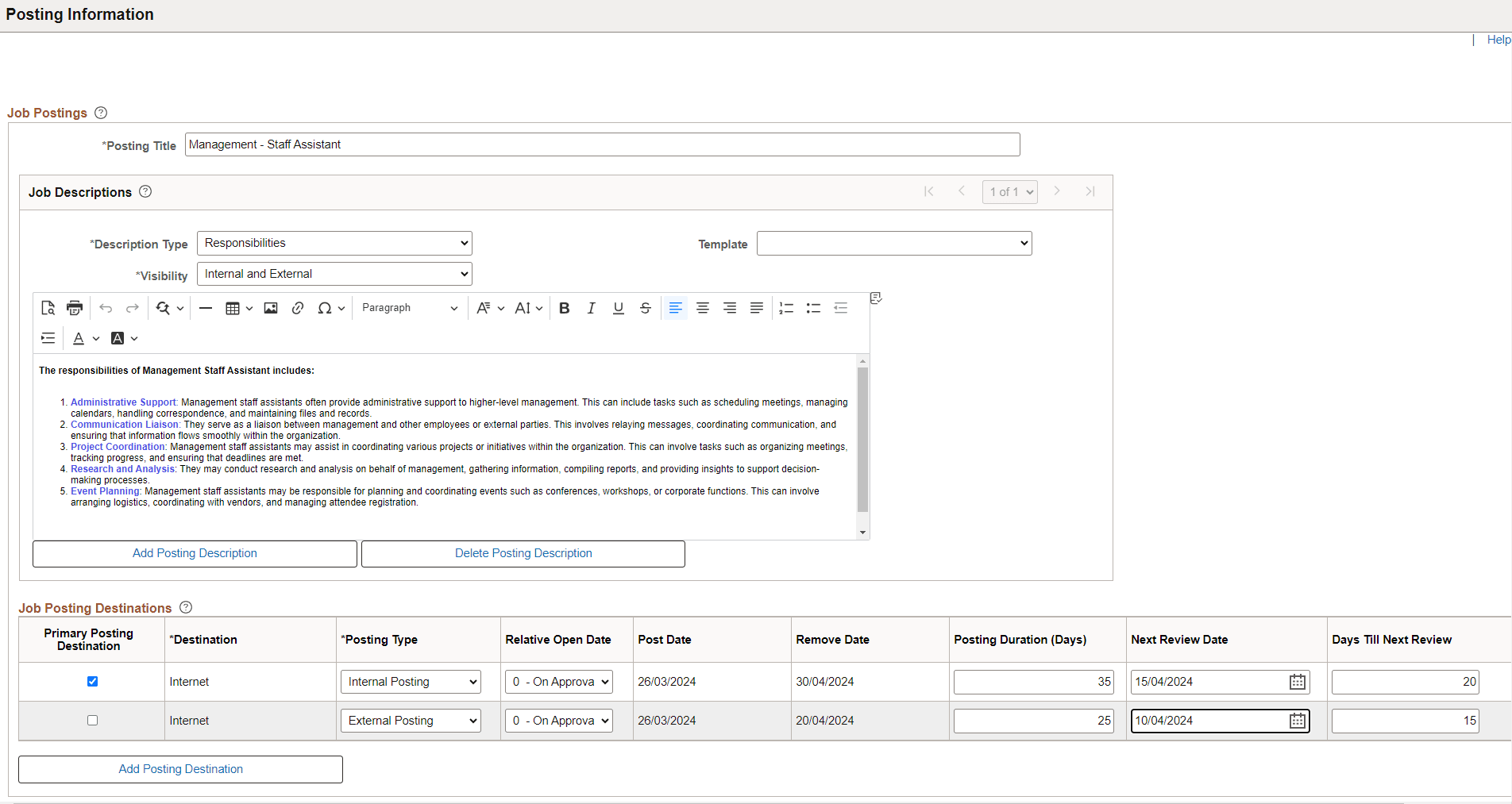 Posting Information Page