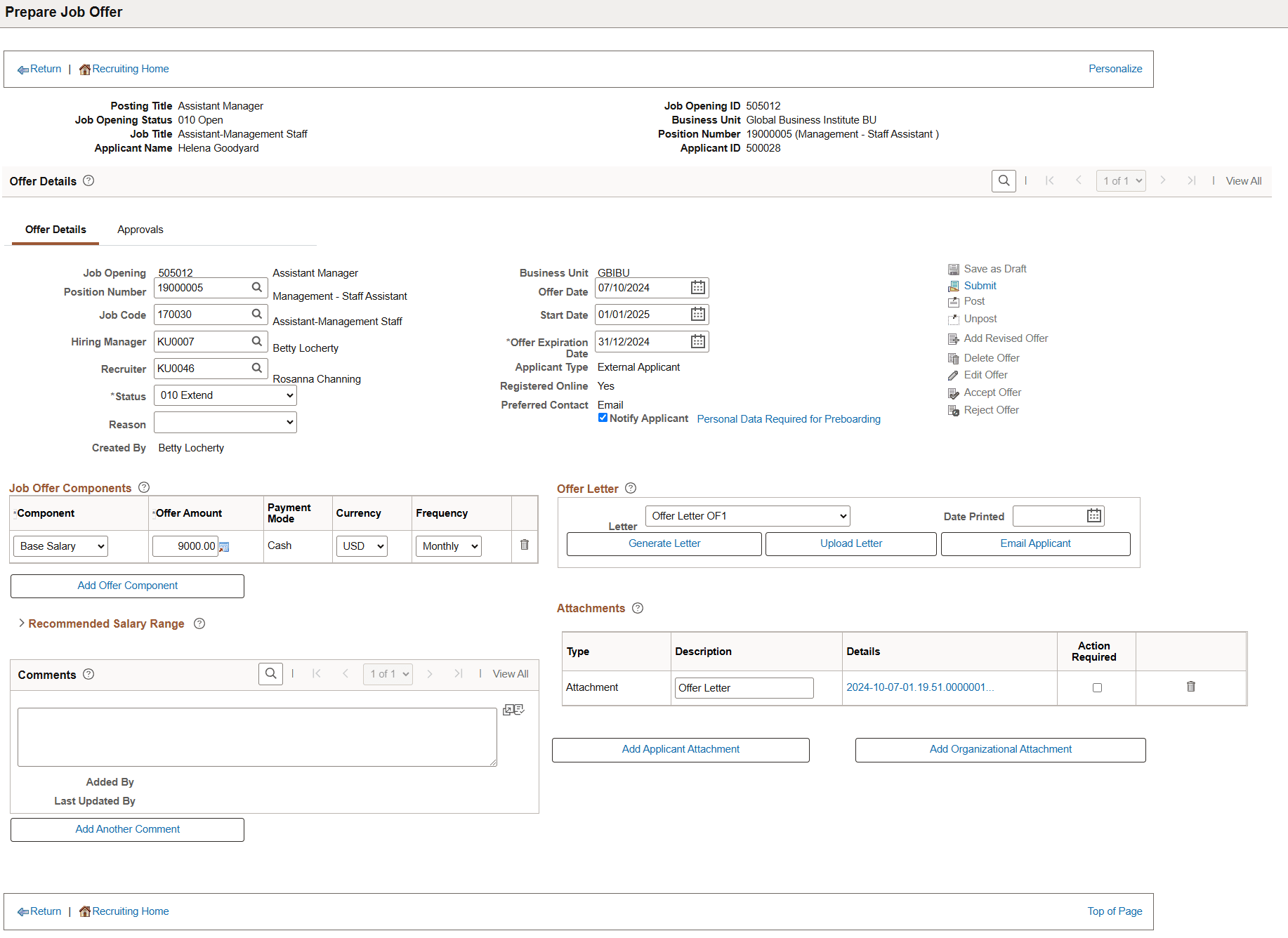 Prepare Job Offer page