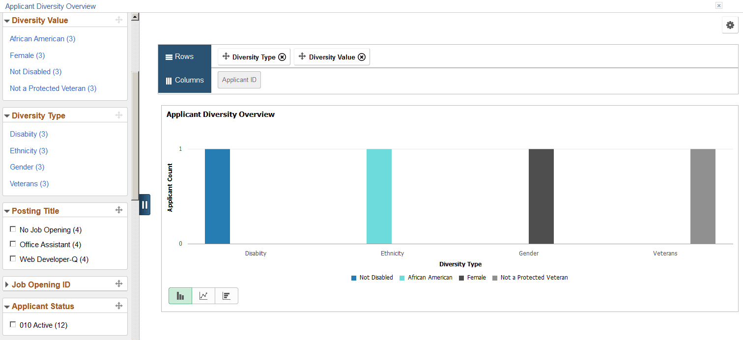 Applicant Diversity Overview pivot grid showing one applicant with three applications