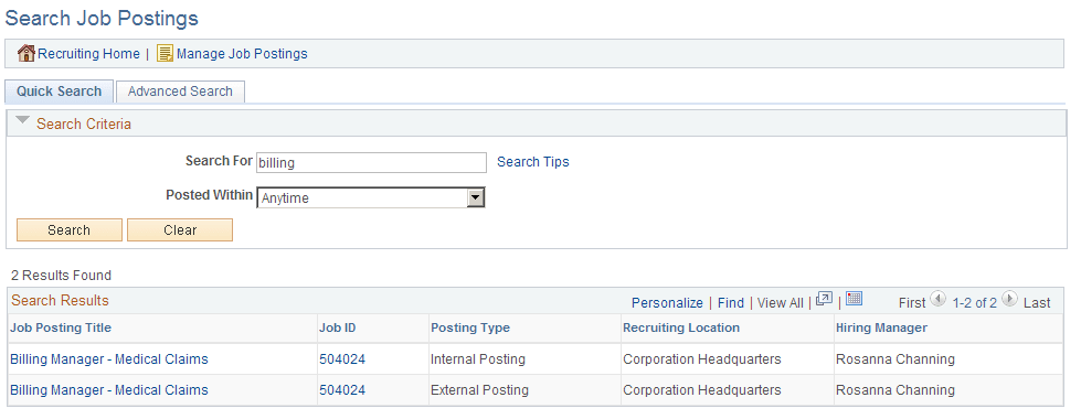 Search Job Postings page: Quick Search tab