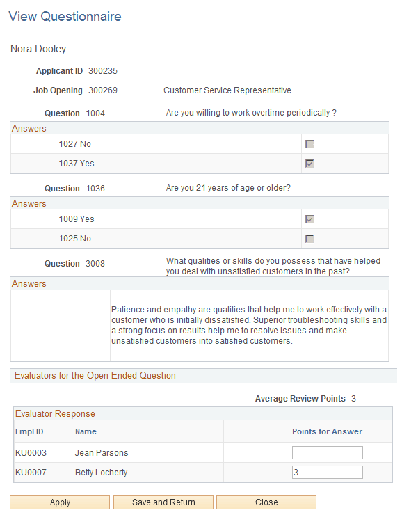 View Questionnaire page