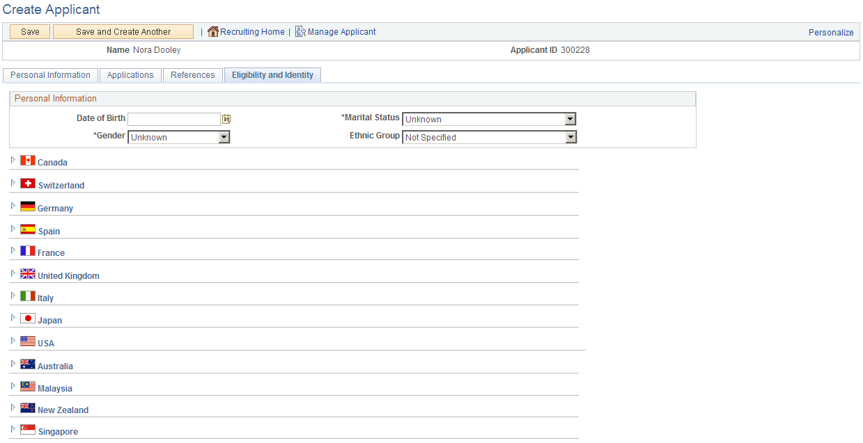 Create Applicant page: Eligibility and Identity tab (1 of 4)