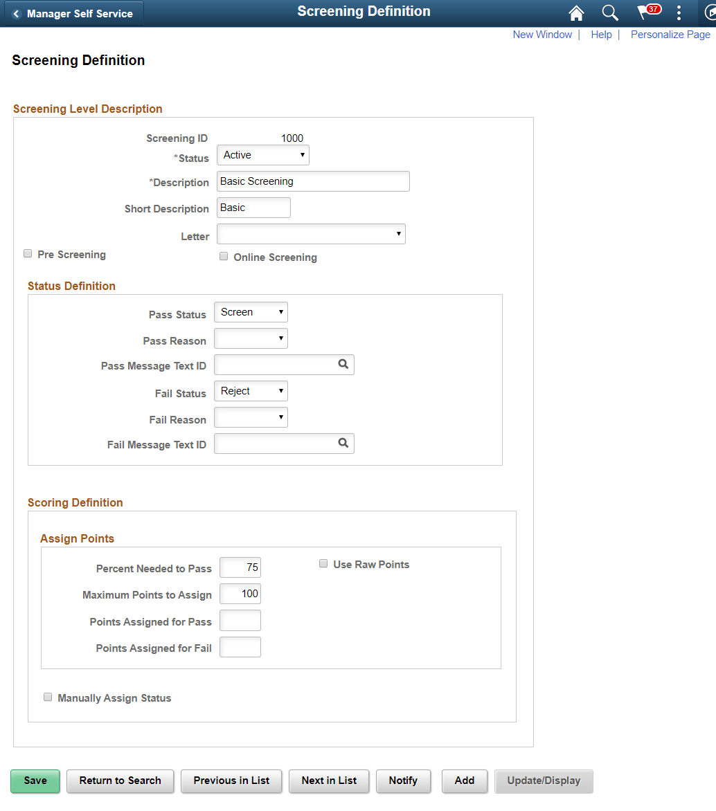 Screening Definition page