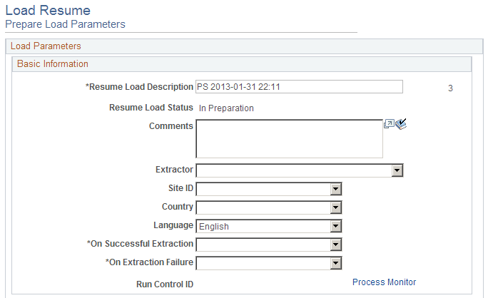 Load Resume - Prepare Load Parameters page (1 of 2)