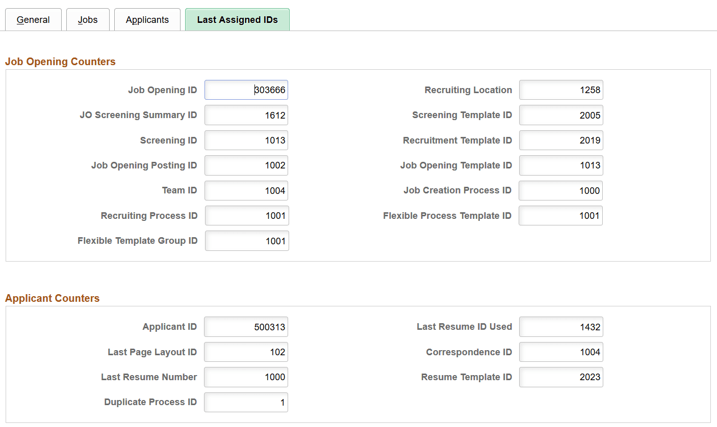 Recruiting Installation - Last Assigned IDs page (1 of 3)