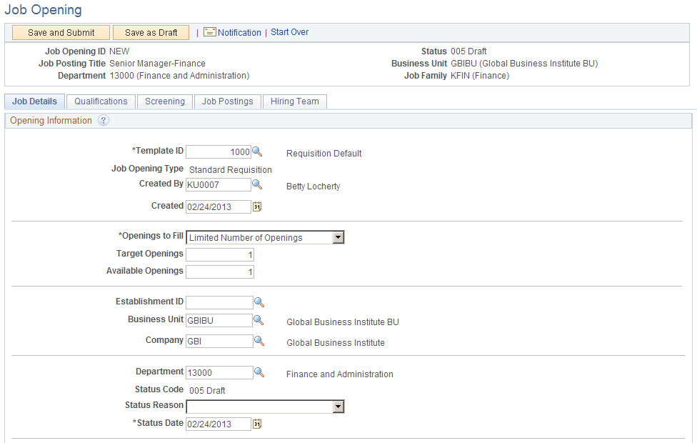 Job Opening page: Opening Information section (1 of 3)