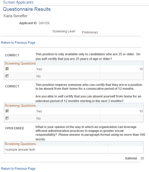 Questionnaire Results page