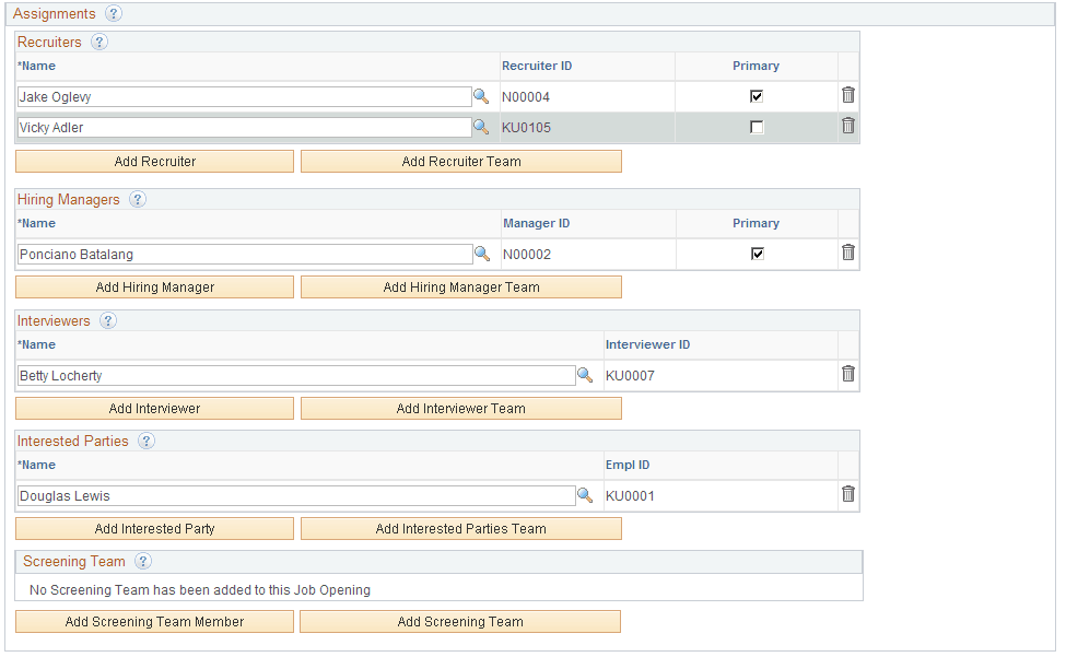 Job Opening page: Assignment sections