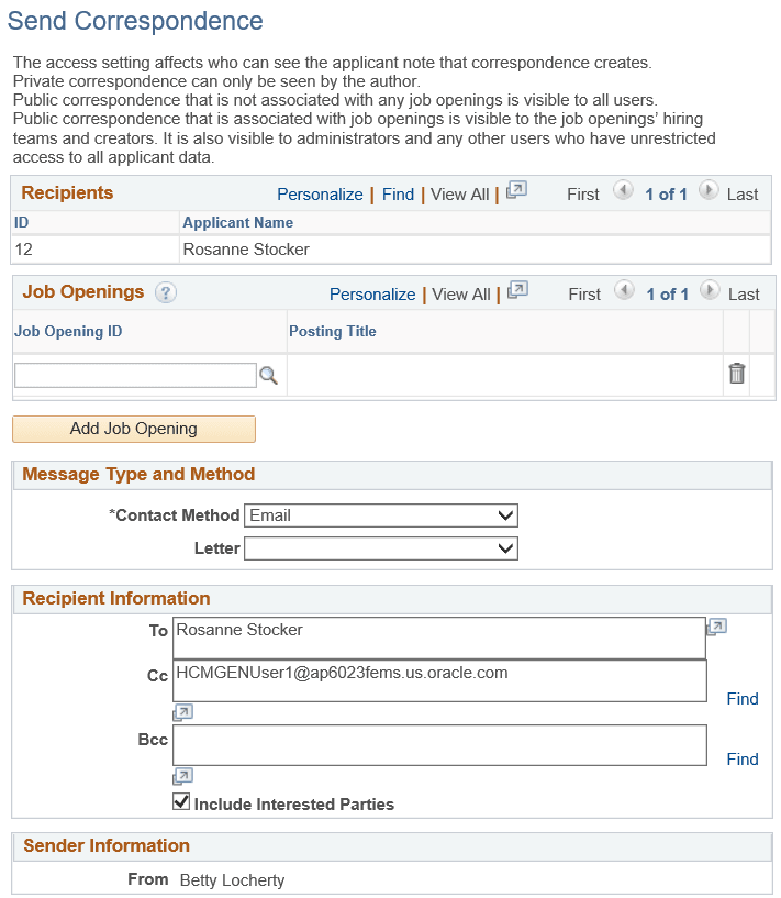 Send Correspondence page (1 of 2)