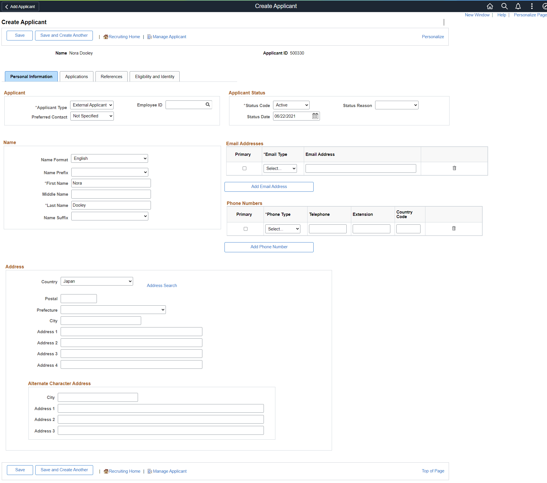 Create Applicant page: Personal Information tab