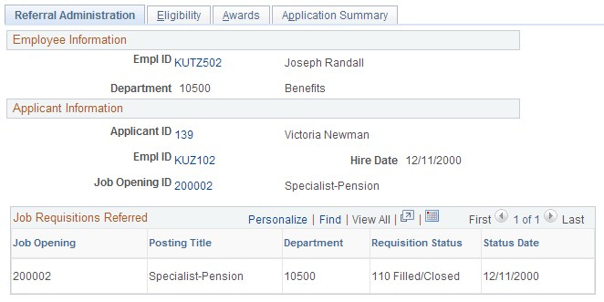 Referral Administration page