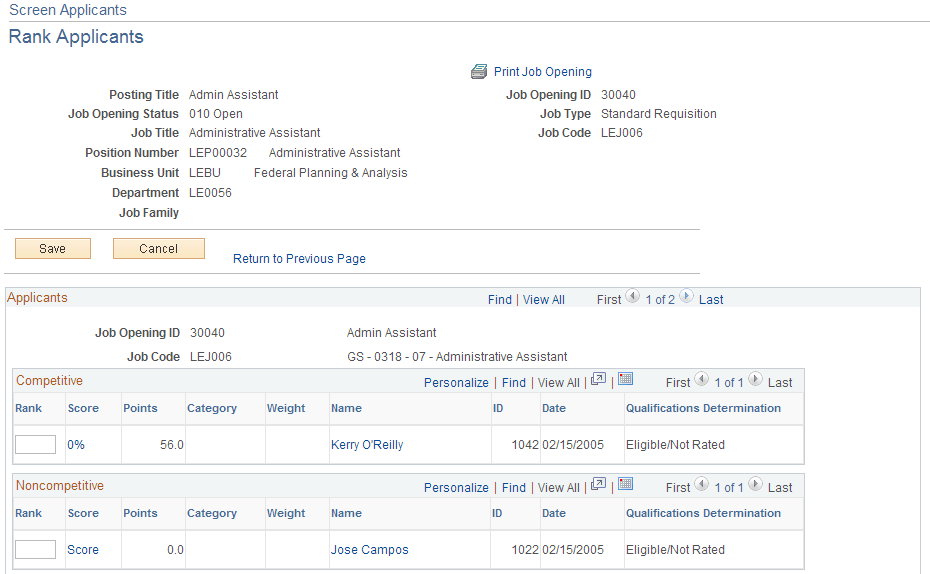 Rank Applicants page (1 of 2)