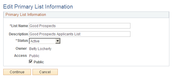 Edit Primary List Information page