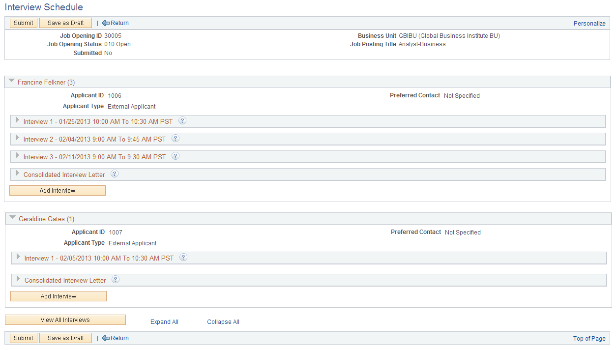 Interview Schedule page (1 of 3)