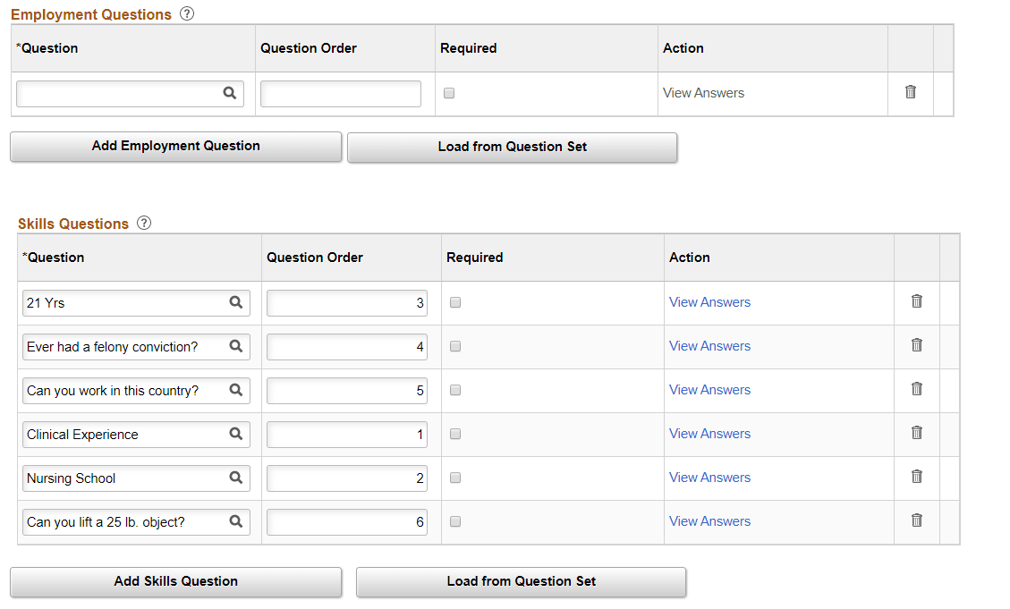 Job Opening page: Screening Questions section