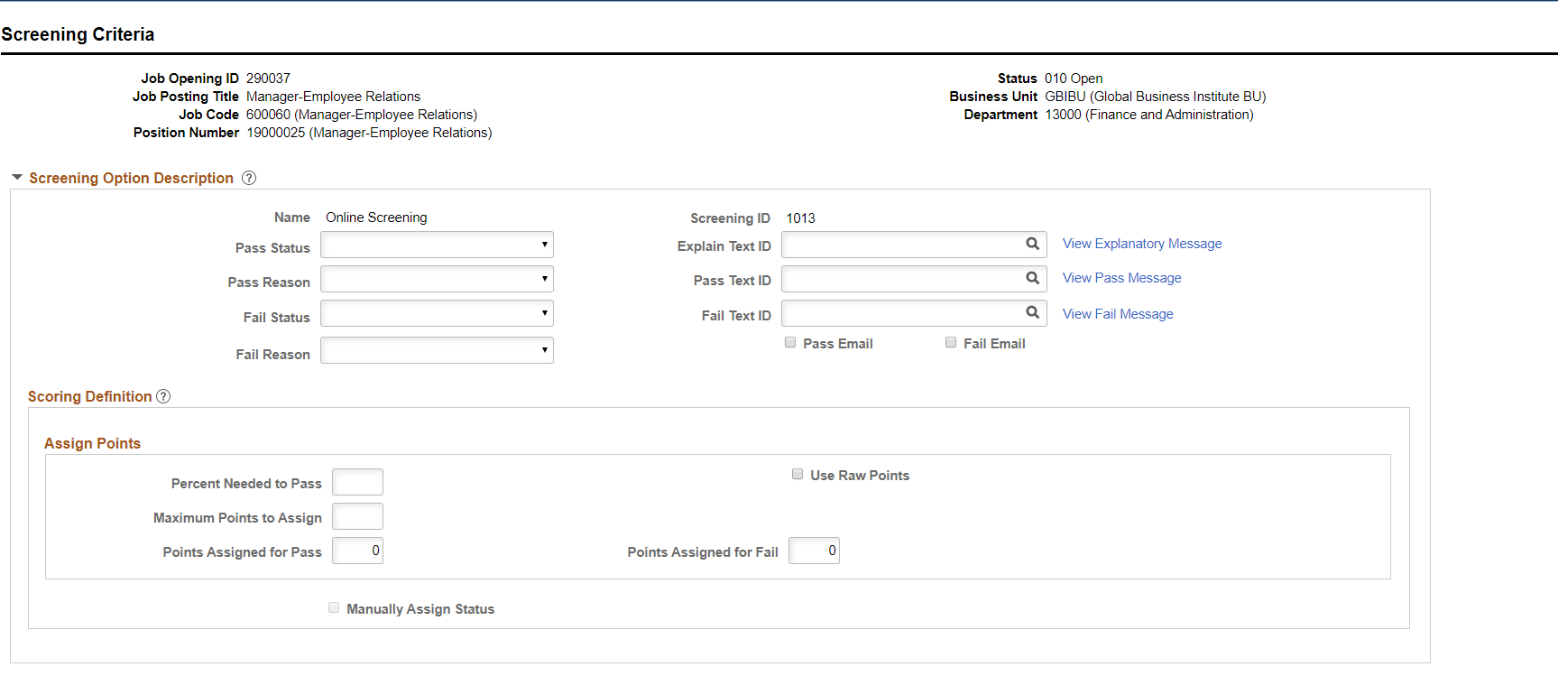 Job Opening - Screening Criteria page (1 of 2)