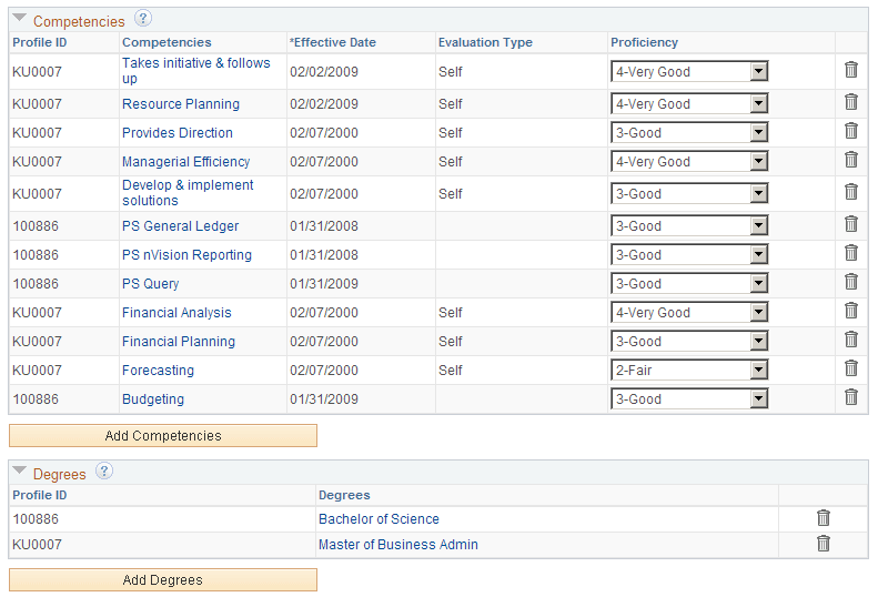 Job Opening page: profile-related sections