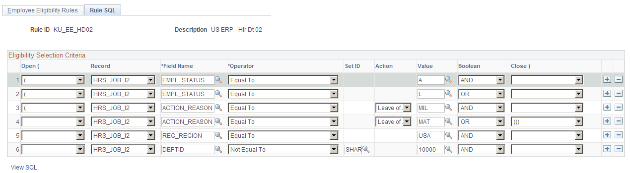 Employee Eligibility Rules - Rule SQL page
