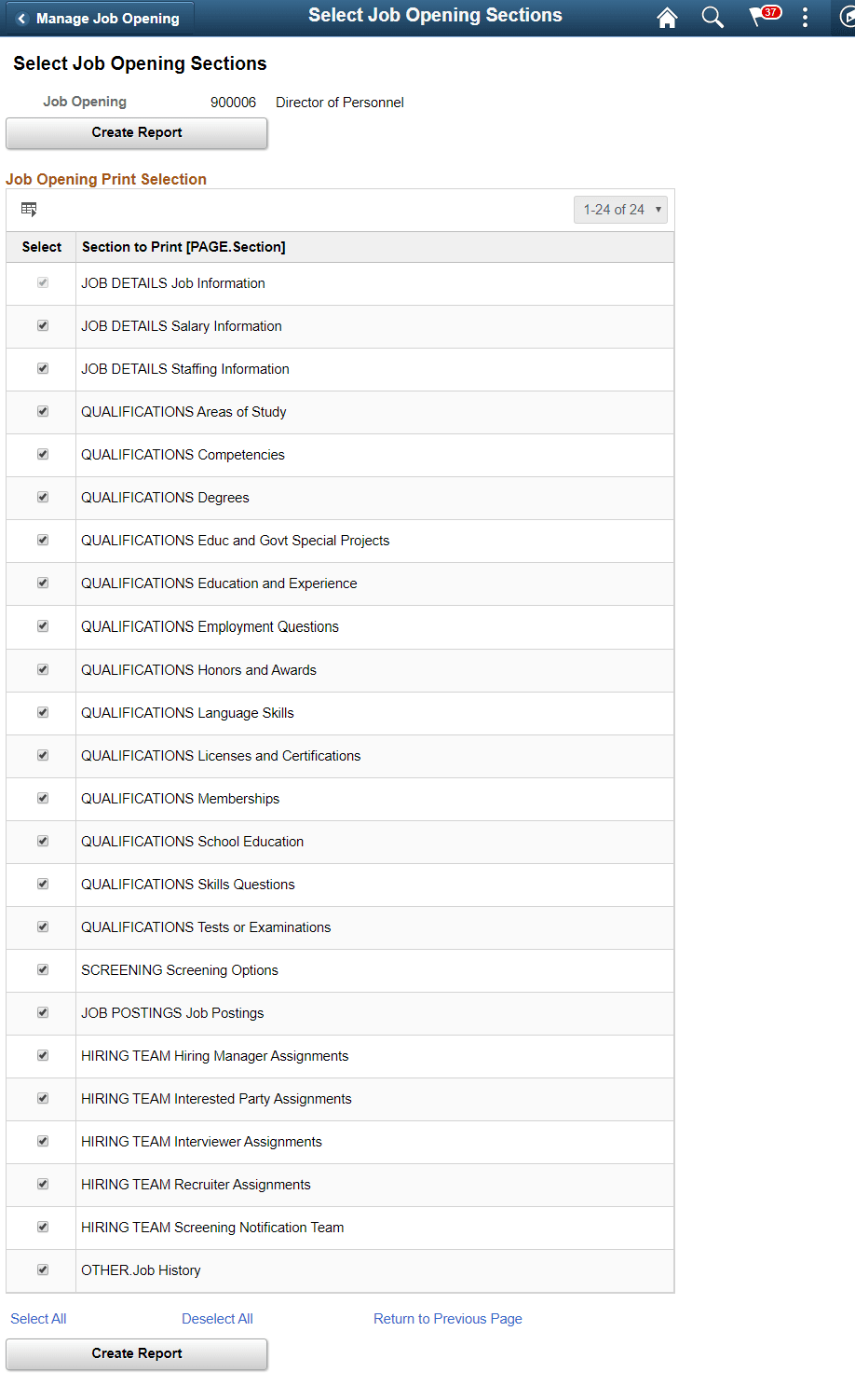 Select Job Opening Sections page