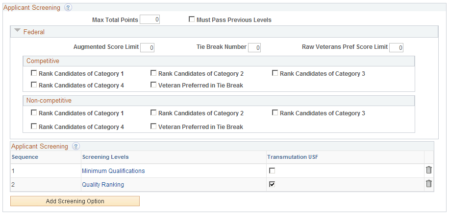 Applicant Screening section in a U.S. federal implementation