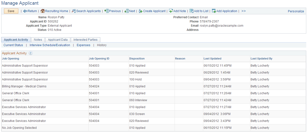 Manage Applicant page: Applicant Activity tab: History section